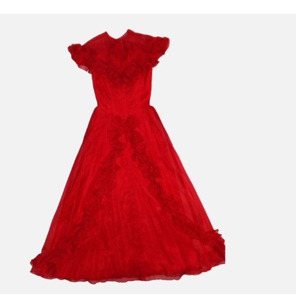 Vintage Red Maxi Dress Southern Bell Sheer Illusion Swiss Sheer Ruffles Size 8 - Picture 4 of 15